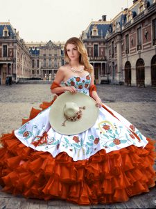 Captivating Rust Red Sweetheart Lace Up Embroidery and Ruffled Layers Quinceanera Gown Sleeveless