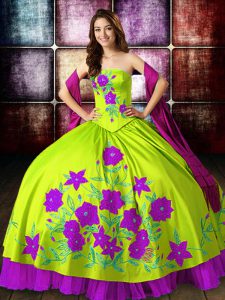 Custom Made Multi-color Ball Gowns Satin Strapless Sleeveless Embroidery Floor Length Lace Up Quinceanera Gowns
