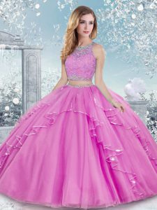 Tulle Scoop Sleeveless Clasp Handle Beading and Lace Quinceanera Dress in Lilac