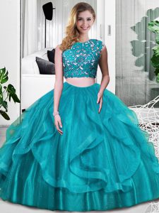 Custom Made Teal Zipper Scoop Lace and Embroidery and Ruffles Quinceanera Dress Tulle Sleeveless
