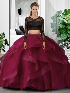 High Quality Floor Length Backless Sweet 16 Dresses Fuchsia for Military Ball and Sweet 16 and Quinceanera with Lace and Ruffles