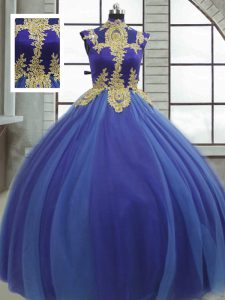 Royal Blue Ball Gowns High-neck Sleeveless Tulle Floor Length Lace Up Appliques Quinceanera Gowns