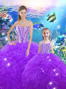 Flare Organza Sweetheart Sleeveless Lace Up Beading and Ruffles Quinceanera Dress in Purple