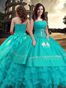 Exceptional Floor Length Zipper Sweet 16 Dress Turquoise for Military Ball and Sweet 16 and Quinceanera with Embroidery and Ruffled Layers