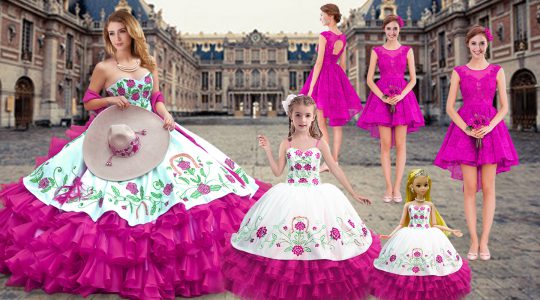 Clearance Fuchsia Lace Up Sweetheart Embroidery and Ruffled Layers Vestidos de Quinceanera Organza Sleeveless