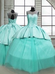 Turquoise Lace Up Sweet 16 Dress Beading Sleeveless Brush Train