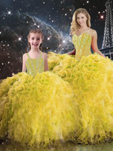 Beauteous Yellow Ball Gowns Beading and Ruffles Quinceanera Dress Lace Up Organza Sleeveless Floor Length