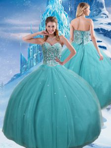 Sweetheart Sleeveless Tulle Vestidos de Quinceanera Beading and Sequins Lace Up