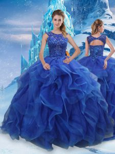 Scoop Sleeveless Sweet 16 Dress Floor Length Beading and Ruffles Blue Organza