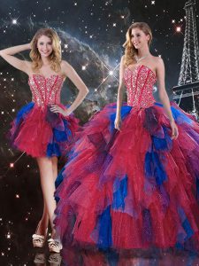 Designer Multi-color Tulle Lace Up Sweetheart Sleeveless Floor Length Quince Ball Gowns Beading and Ruffles