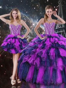 Fantastic Multi-color Sweetheart Neckline Beading and Ruffles and Ruffled Layers Sweet 16 Dress Sleeveless Lace Up