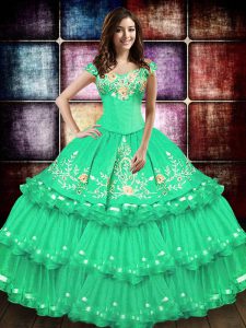 Suitable Turquoise Taffeta Lace Up Off The Shoulder Sleeveless Floor Length Vestidos de Quinceanera Embroidery and Ruffled Layers