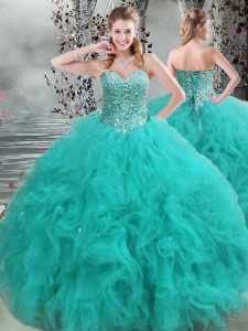 Best Selling Turquoise Organza Lace Up Quinceanera Gowns Sleeveless Floor Length Beading and Ruffles