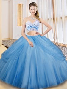 Charming Sleeveless Floor Length Beading and Ruching and Pick Ups Criss Cross Ball Gown Prom Dress with Baby Blue