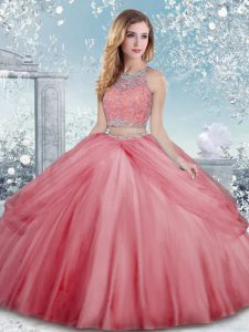 Watermelon Red Clasp Handle Scoop Beading Sweet 16 Dresses Tulle Sleeveless