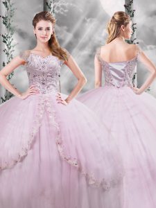 Lilac V-neck Neckline Beading and Appliques Ball Gown Prom Dress Cap Sleeves Side Zipper