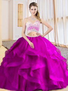 Sumptuous Fuchsia Criss Cross One Shoulder Beading and Ruffles Quinceanera Dress Tulle Sleeveless
