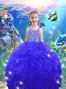 Enchanting Royal Blue Straps Neckline Beading and Ruffles Child Pageant Dress Sleeveless Lace Up