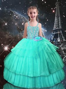 Turquoise Sleeveless Tulle Lace Up Child Pageant Dress for Quinceanera and Wedding Party