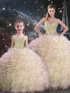 Light Yellow Lace Up Sweetheart Beading and Ruffles Quinceanera Gowns Organza Sleeveless