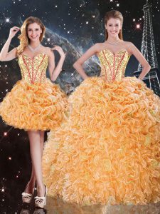 Orange Sleeveless Floor Length Beading and Ruffles Lace Up Quinceanera Gowns