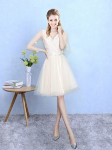 Champagne Empire Tulle V-neck Half Sleeves Lace Knee Length Lace Up Dama Dress