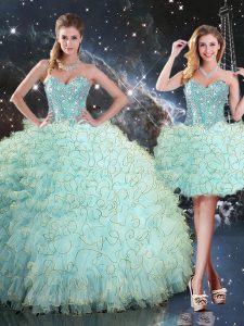 Traditional Turquoise Sweetheart Neckline Beading and Ruffles Vestidos de Quinceanera Sleeveless Lace Up