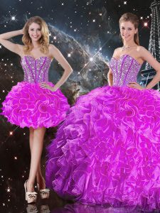 Sophisticated Fuchsia Mermaid Beading and Ruffles Sweet 16 Dress Lace Up Organza Sleeveless Floor Length