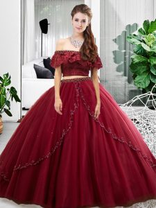 Burgundy Two Pieces Tulle Off The Shoulder Sleeveless Lace and Ruffles Floor Length Lace Up Sweet 16 Quinceanera Dress