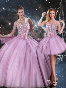Custom Designed Floor Length Lace Up Vestidos de Quinceanera Lilac for Military Ball and Sweet 16 and Quinceanera with Beading