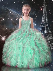 Exquisite Turquoise Organza Lace Up Straps Sleeveless Floor Length Pageant Dress Wholesale Beading and Ruffles