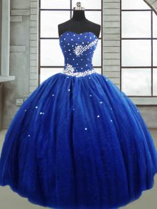 Royal Blue Tulle Lace Up 15th Birthday Dress Sleeveless Floor Length Beading
