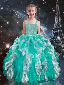 Organza Straps Sleeveless Lace Up Beading and Ruffles Glitz Pageant Dress in Turquoise