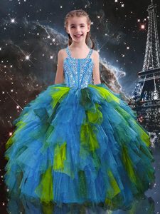 High End Baby Blue Sleeveless Tulle Lace Up Little Girls Pageant Gowns for Quinceanera and Wedding Party