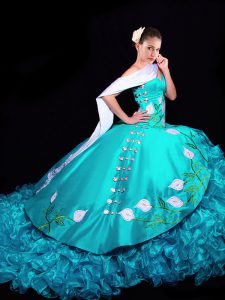 Aqua Blue Sleeveless Organza Brush Train Lace Up Quince Ball Gowns for Military Ball and Sweet 16 and Quinceanera