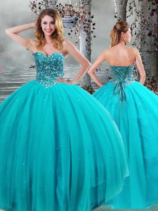 On Sale Beading Sweet 16 Dress Aqua Blue Lace Up Sleeveless Floor Length