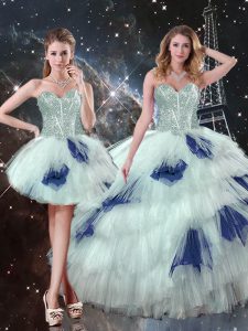 Blue And White Tulle Lace Up Quinceanera Gown Sleeveless Floor Length Beading and Ruffled Layers and Sequins