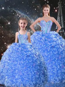 Customized Blue Sweet 16 Dress Military Ball and Sweet 16 and Quinceanera with Beading and Ruffles Sweetheart Sleeveless Lace Up