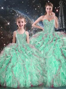 Gorgeous Turquoise Sleeveless Organza Lace Up Sweet 16 Quinceanera Dress for Military Ball and Sweet 16 and Quinceanera