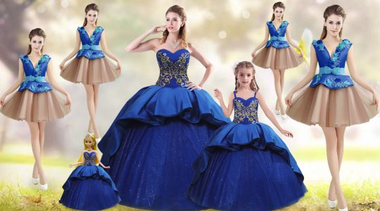 Ideal Sweetheart Sleeveless 15 Quinceanera Dress Court Train Beading and Appliques and Embroidery Blue Taffeta