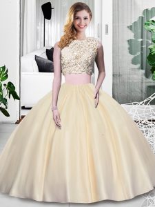 Custom Design Champagne Sleeveless Floor Length Lace and Appliques and Ruching Zipper Ball Gown Prom Dress