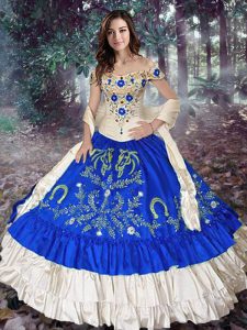 Top Selling Royal Blue Lace Up Off The Shoulder Embroidery and Ruffled Layers Sweet 16 Dress Taffeta Sleeveless