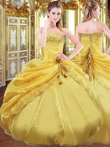 Gold Sleeveless Beading and Pick Ups Floor Length Sweet 16 Quinceanera Dress
