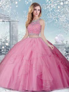 Best Rose Pink Sleeveless Tulle Clasp Handle Quinceanera Dress for Military Ball and Sweet 16 and Quinceanera