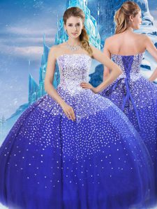 New Style Beading Vestidos de Quinceanera Blue Lace Up Sleeveless Floor Length