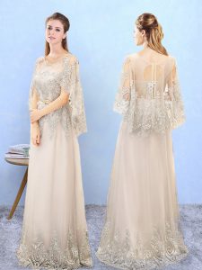 Latest Champagne Tulle Lace Up Court Dresses for Sweet 16 Half Sleeves Floor Length Beading and Appliques