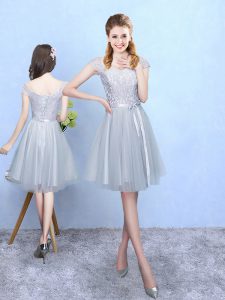 Superior Empire Quinceanera Dama Dress Silver V-neck Tulle Cap Sleeves Knee Length Lace Up