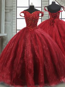 Wine Red Sweet 16 Dresses Military Ball and Sweet 16 and Quinceanera with Beading Off The Shoulder Sleeveless Brush Train Lace Up