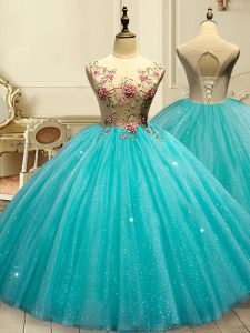 Gorgeous Aqua Blue Ball Gowns Scoop Sleeveless Tulle Floor Length Lace Up Appliques and Sequins Quinceanera Dress