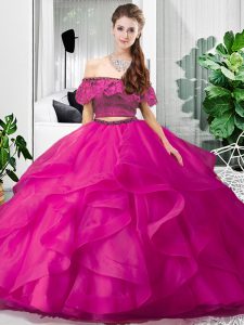 Tulle Sleeveless Floor Length Ball Gown Prom Dress and Lace and Ruffles